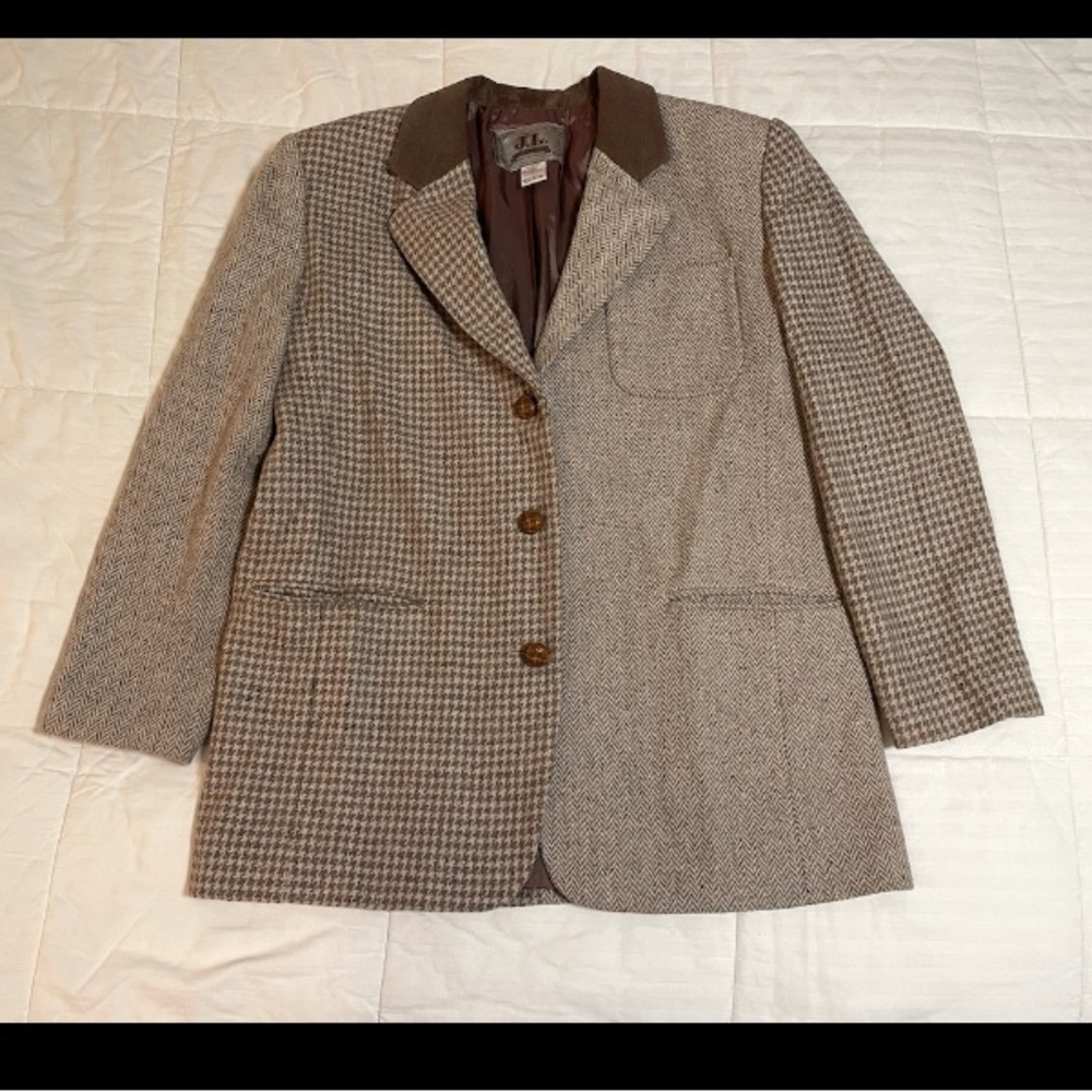Vintage JL Colebrook Brown Houndstooth Plaid Wool Blazer Jacket Suede Collar L